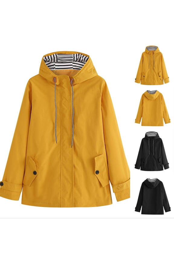 Women's Rain Jacket Trenchcoat Casual Waterproof Windbreaker Solid Jacket Outdoor Hooded Windproof Loose Coat Black
