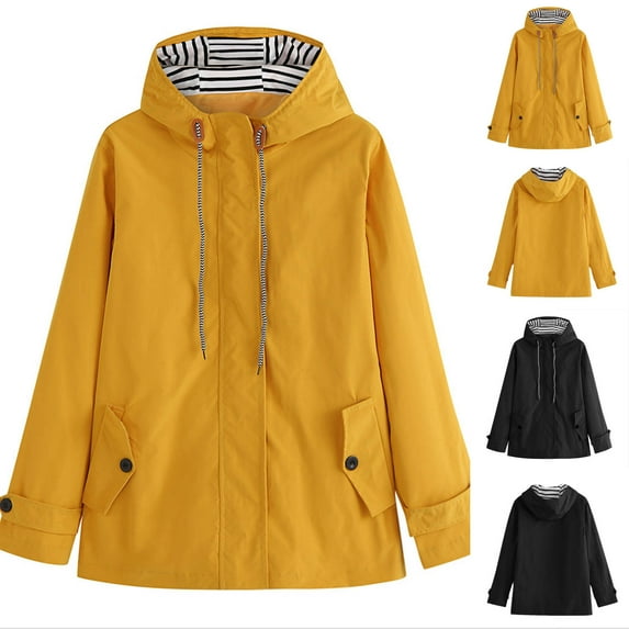 Lovskoo Women's Rain Jacket Trenchcoat Casual Waterproof Windbreaker Solid Jacket Outdoor Hooded Windproof Loose Coat Yellow