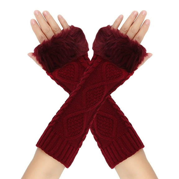 Lovskoo Women's Rhombus Knitted Wool Gloves Winter Warm and Versatile Half-Finger Wristbands Extended Fingerless Arm Sleeves Claret