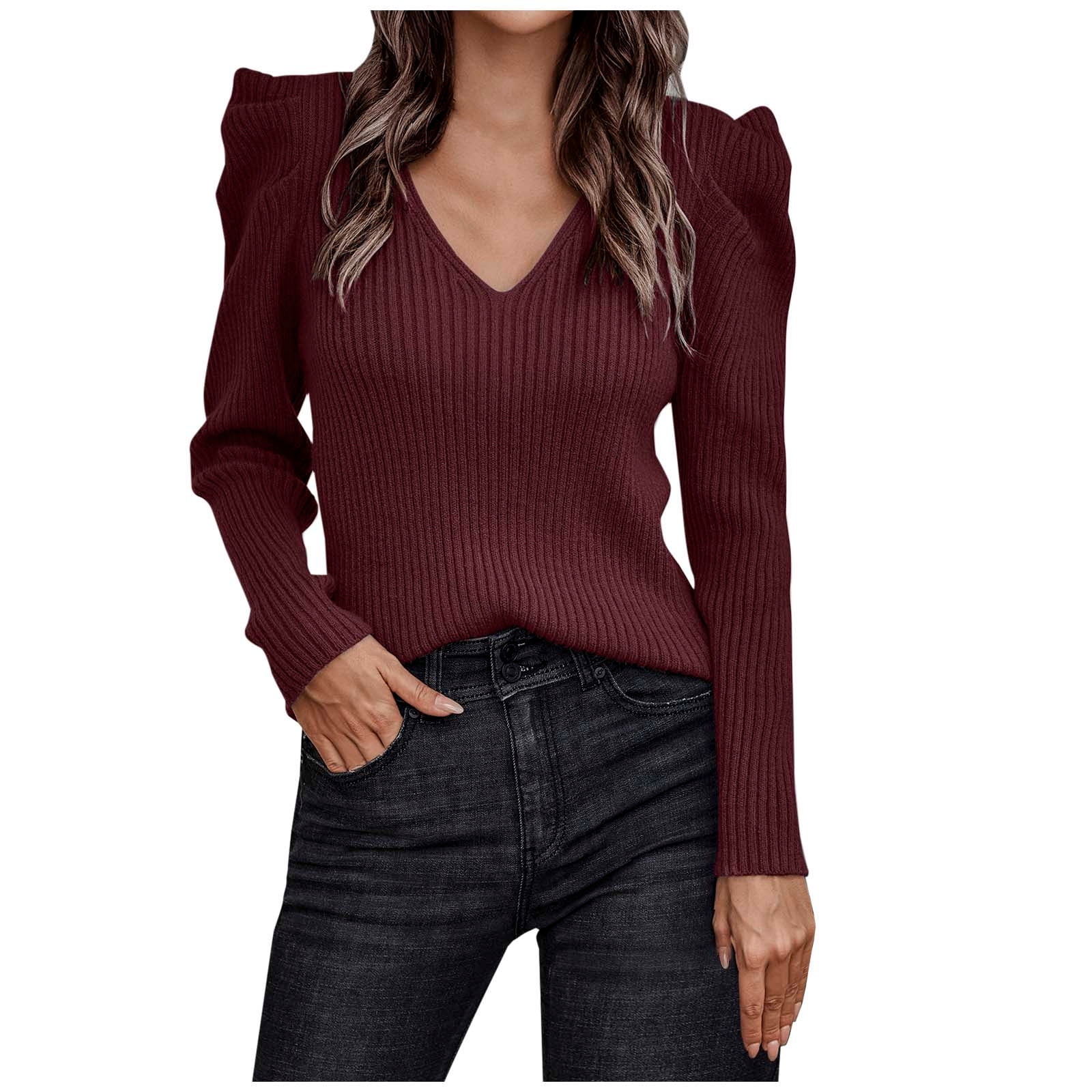 Lovskoo Women s Rib Knit Pullover Sweater Casual Long Puff Sleeve