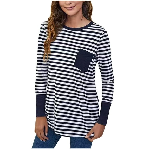 Lovskoo Women's Round Neck Striped Tops Long Sleeve T Shirts 2024 Fall Trendy Casual Basic Blouse Tops with Pocket Navy 2XL