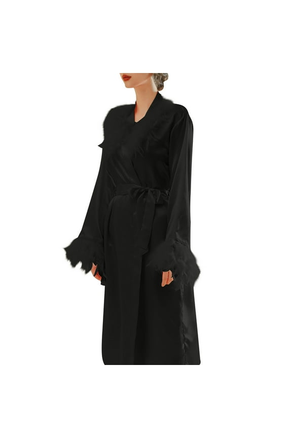 Women's Satin Kimono Robe Bride Bridesmaid Robes Wedding Party Sleepwear Soft Bathrobe with Feather Trim Black