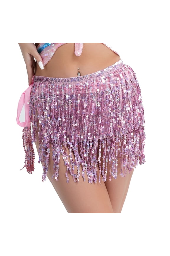 Women's Sequin Fringe Hip Skirts Fashion Belly Dance Waist Belt Hip Scarf Lace-Up Skirt Pink