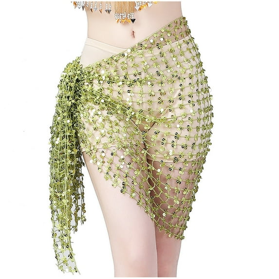 Lovskoo Women's Sequin Hip Skirts Fashion Belly Dance Waist Belt Hip Scarf Lace-Up Skirt Green