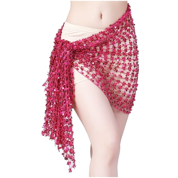 Lovskoo Women's Sequin Hip Skirts Fashion Belly Dance Waist Belt Hip Scarf Lace-Up Skirt Hot Pink