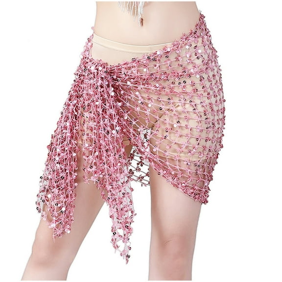 Lovskoo Women's Sequin Hip Skirts Fashion Belly Dance Waist Belt Hip Scarf Lace-Up Skirt Pink