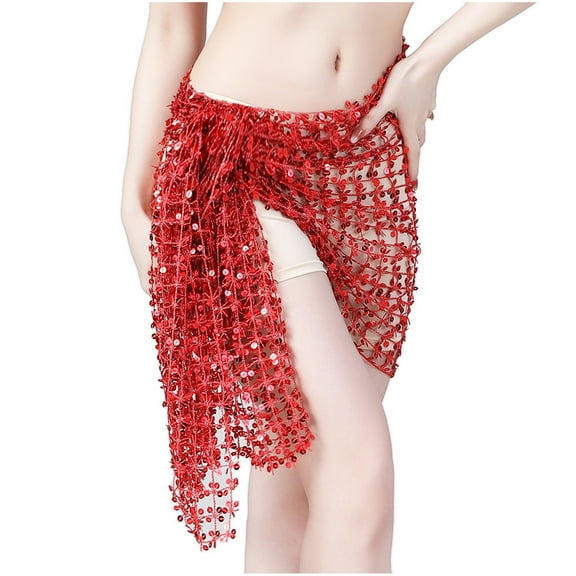 Lovskoo Women's Sequin Hip Skirts Fashion Belly Dance Waist Belt Hip Scarf Lace-Up Skirt Red