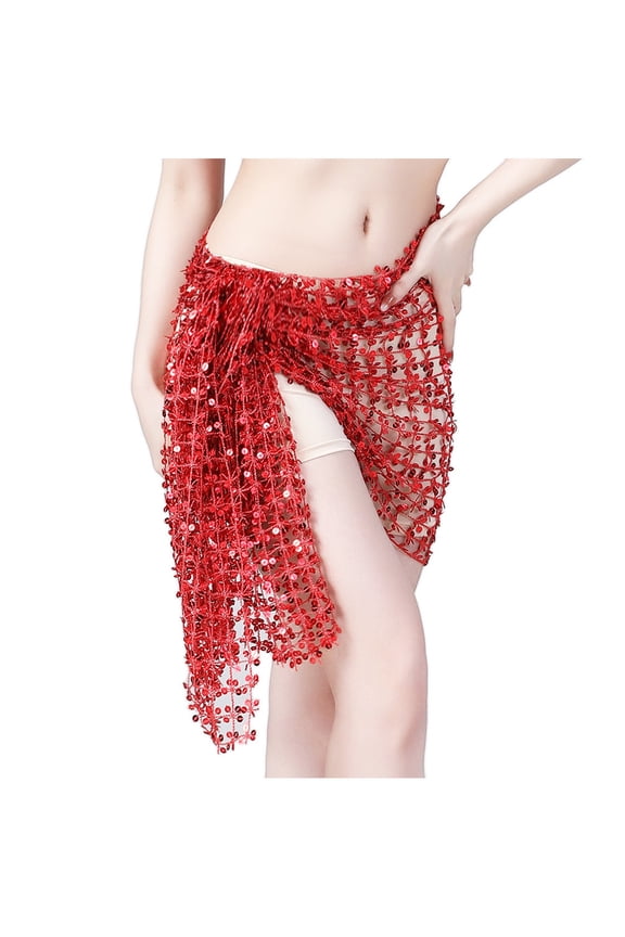Women's Sequin Hip Skirts Fashion Belly Dance Waist Belt Hip Scarf Lace-Up Skirt Red