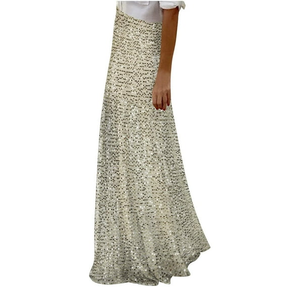 Lovskoo Women's Sequin Maxi Skirt High Waist Elegant Loose Sparkle Ankle Length Skirt Party Cocktail Beige