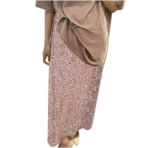 Lovskoo Women's Sequin Maxi Skirt High Waist Elegant Loose Sparkle Ankle Length Skirt Party Cocktail Pink