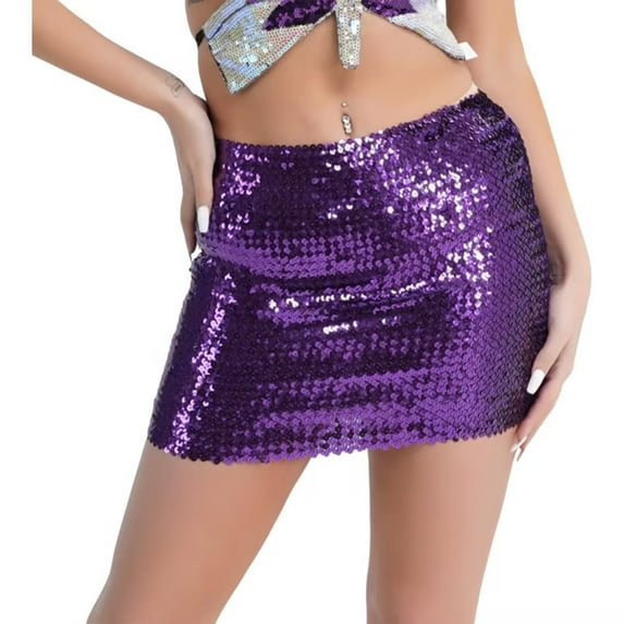 Lovskoo Women's Sequin Mini Skirt Sparkly High Waist Bodycon Party Short Glitter Skirts Purple