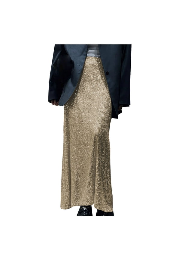 Women's Sequin Skirt Maxi High Waist Elegant Loose Sparkle Ankle Length Skirt Party Cocktail Beige