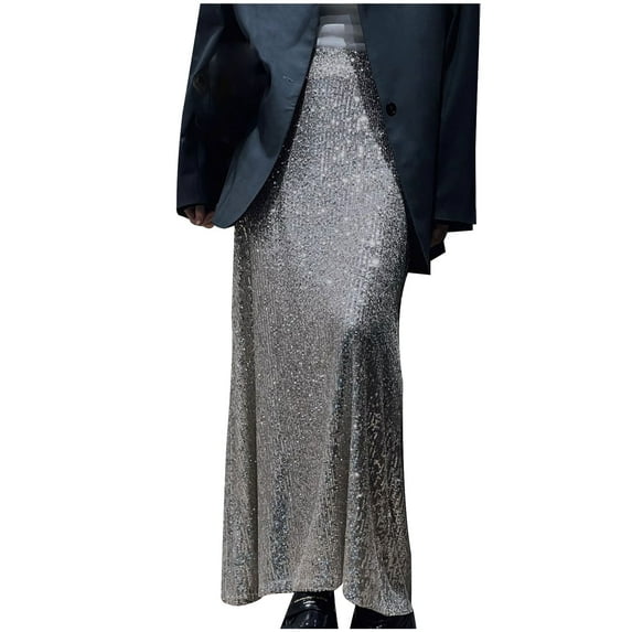 Lovskoo Women's Sequin Skirt Maxi High Waist Elegant Loose Sparkle Ankle Length Skirt Party Cocktail Silver