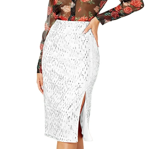 Lovskoo Women's Sequin Skirt Midi High Waist Elegant Sparkle Side Slit Pencil Skirt Party Cocktail Silver