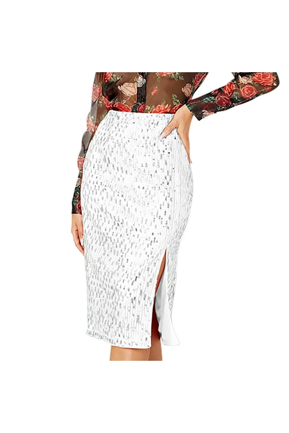 Women's Sequin Skirt Midi High Waist Elegant Sparkle Side Slit Pencil Skirt Party Cocktail Silver