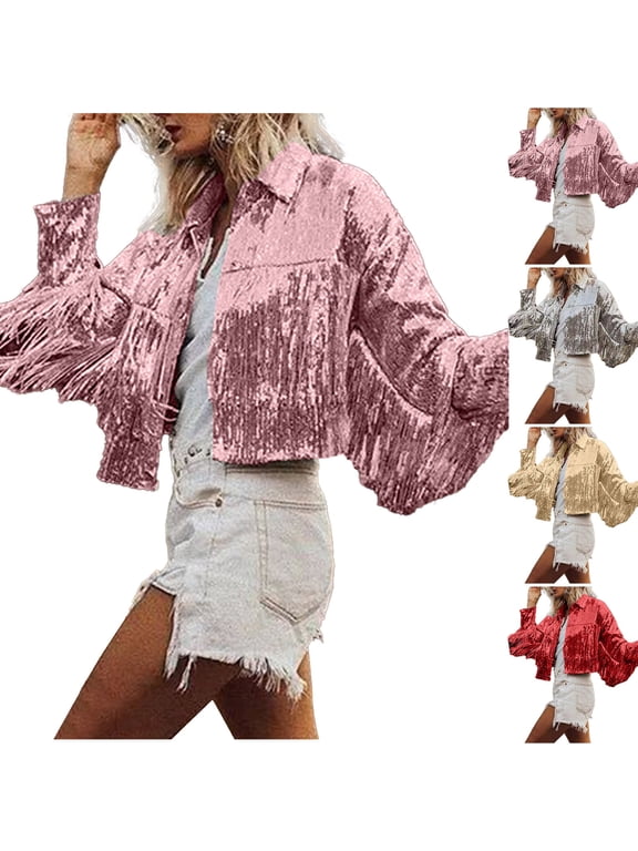 Women's Sequin Tassel Jacket Retro Long Sleeve Lapel Reflective Fringe Jacket Party Clubwear Gold