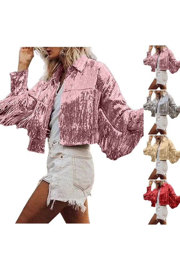 Women's Sequin Tassel Jacket Retro Long Sleeve Lapel Reflective Fringe Jacket Party Clubwear Red