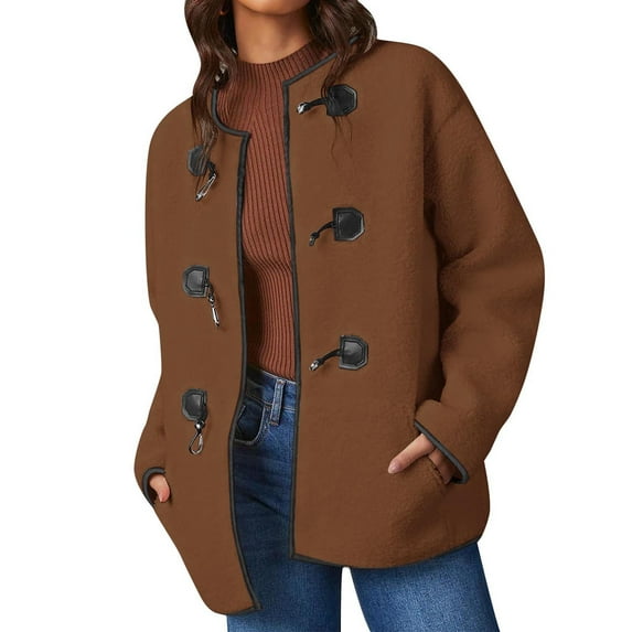 Lovskoo Women's Sherpa Oversized Solid Winter Faux Coats Long Sleeve Round Neck Color Block Button Pockets Fleece Jacket Casual Trendy Outerwear C-Brown