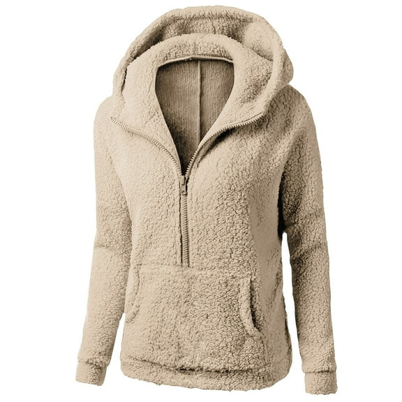 Lovskoo Women's Sherpa Pullover Quarter Zip Solid Color Long Sleeve Fluffy Soft Fleece Jackets Sweatshirts Hoodies Outwear Coat Khaki