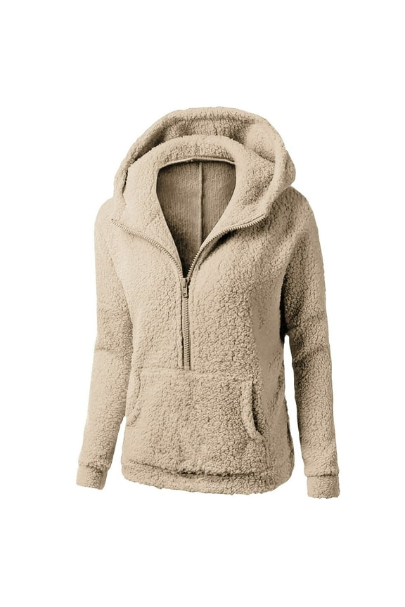 Women's Sherpa Pullover Quarter Zip Solid Color Long Sleeve Fluffy Soft Fleece Jackets Sweatshirts Hoodies Outwear Coat Khaki