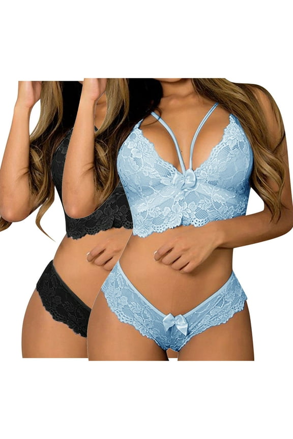 Women's Sleepwear Sets Bra and Panty Corset Lace Floral Bralette Bra Two Piece Underwear Sleepwears Outfits Gift for Valentine's Day Light Blue