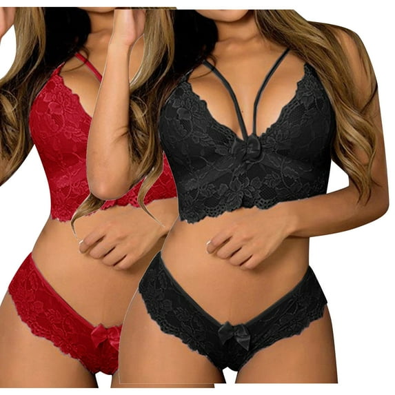 Lovskoo Women's Sleepwear Sets Bra and Panty Corset Lace Floral Bralette Bra Two Piece Underwear Sleepwears Outfits Gift for Valentine's Day Black