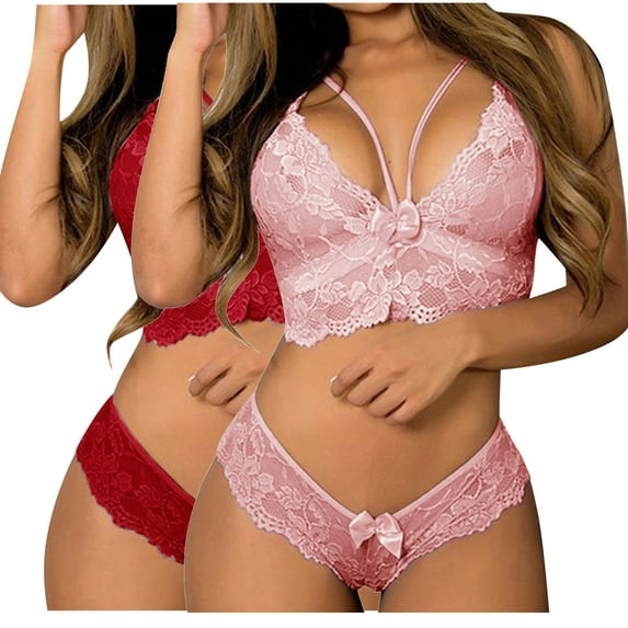 Lovskoo Women's Sleepwear Sets Bra and Panty Corset Lace Floral Bralette Bra Two Piece Underwear Sleepwears Outfits Gift for Valentine's Day Pink