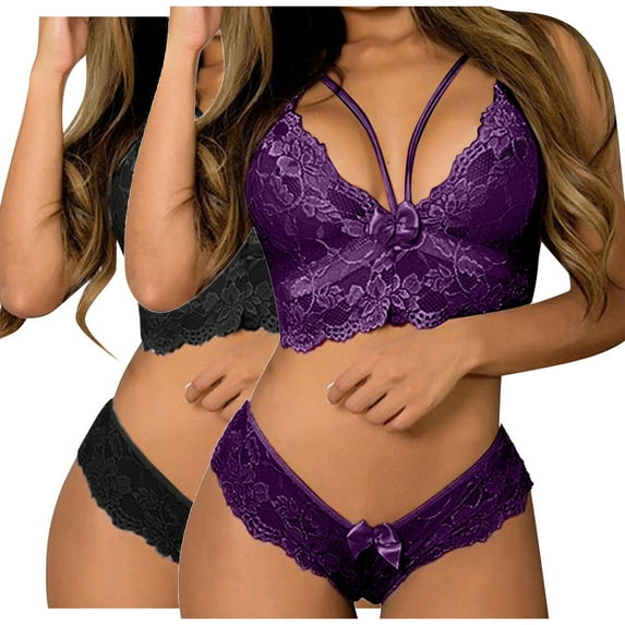 Lovskoo Women's Sleepwear Sets Bra and Panty Corset Lace Floral Bralette Bra Two Piece Underwear Sleepwears Outfits Gift for Valentine's Day Purple