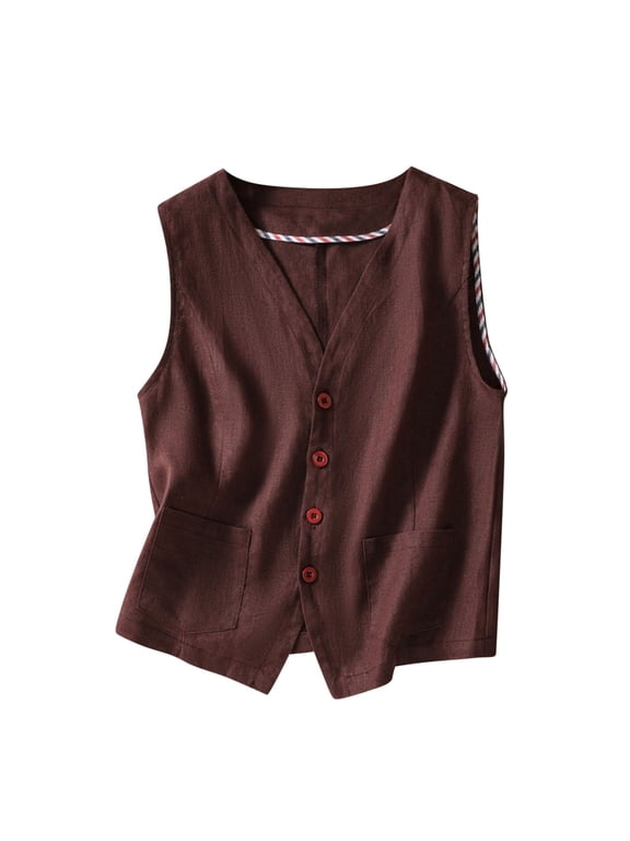 Women's Sleeveless Button Down Vest Casual V Neck Cotton Linen Blazer Jacket with Pockets Coffee
