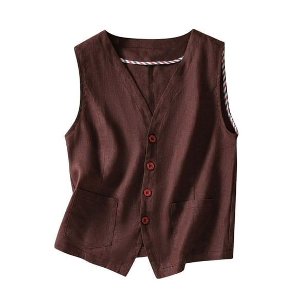 Lovskoo Women's Sleeveless Button Down Vest Casual V Neck Cotton Linen Blazer Jacket with Pockets Coffee