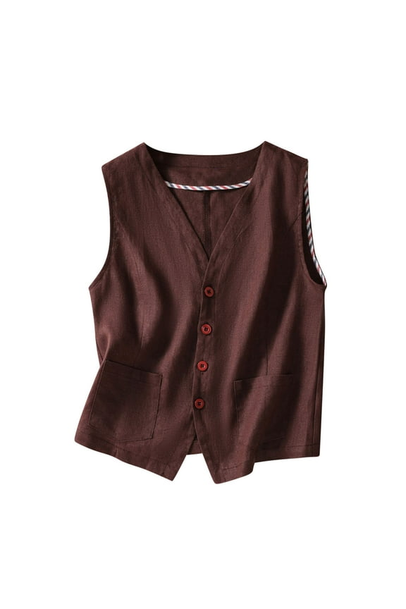 Women's Sleeveless Button Down Vest Casual V Neck Cotton Linen Blazer Jacket with Pockets Coffee