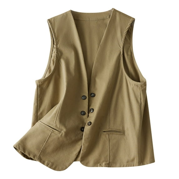 Lovskoo Women's Sleeveless Button Down Vest Casual V Neck Cotton Linen Blazer Jacket with Pockets Khaki