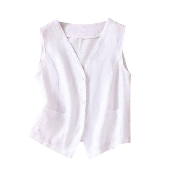 Lovskoo Women's Sleeveless Button Down Vest Casual V Neck Cotton Linen Blazer Jacket with Pockets White