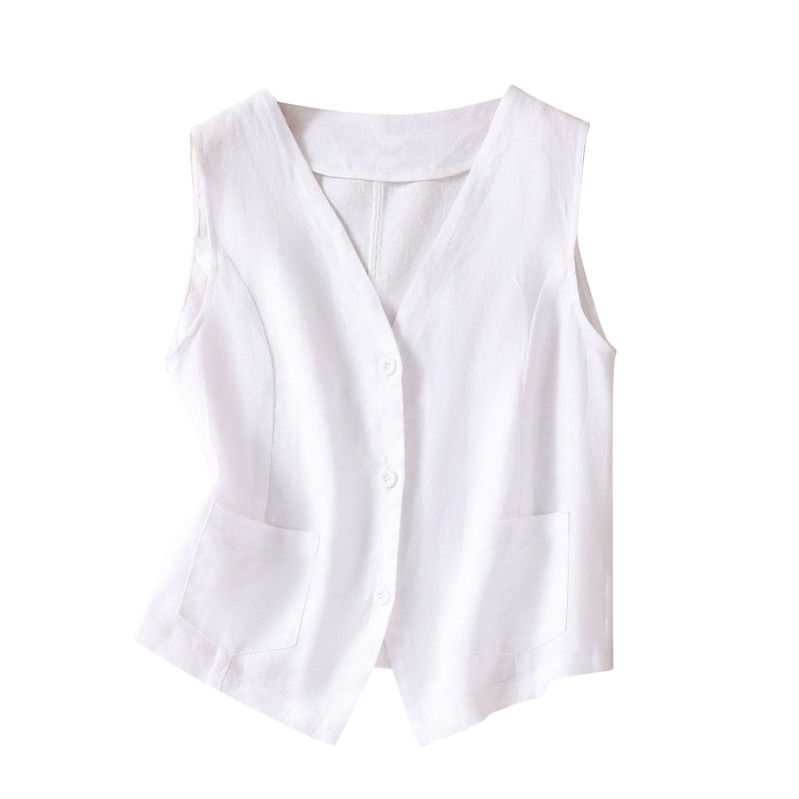 V NECK BUTTON DOWN SLEEVELESS LINEN VEST TOP