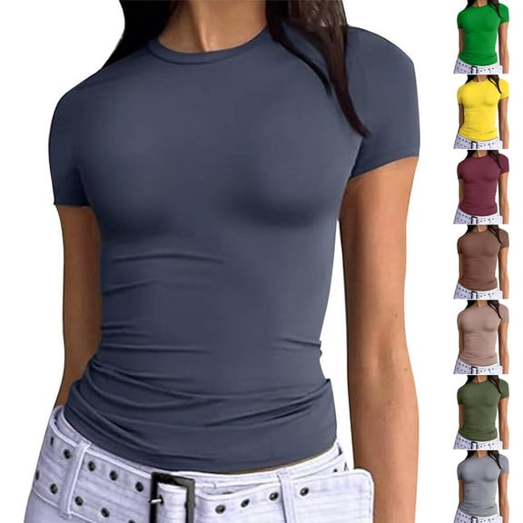 Lovskoo Women's Slim Fit Tees Short Sleeve Solid Color Crewneck Casual Top Pullover Basic T Shirts Claret