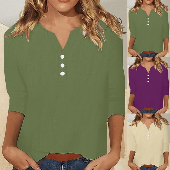 Lovskoo Women's Solid Color Cotton And Linen Basic Shirt Button Up V-Neck Loose T-Shirt 3/4 Sleeve Top Shirts Purple