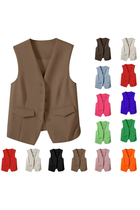 Women's Solid Color Waistcoat Suit Fabrics Pockets Sleeveless Vest V Neck Button Down Fashion Dressy Blazer Jacket Red