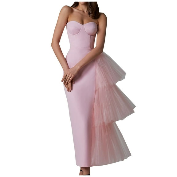 Lovskoo Women's Strapless Prom Dresses Formal Evening Dress Side Puffy Tiered Tulle Tube Neck Bodycon Cocktail Party Fishtail Midi Dress Pink