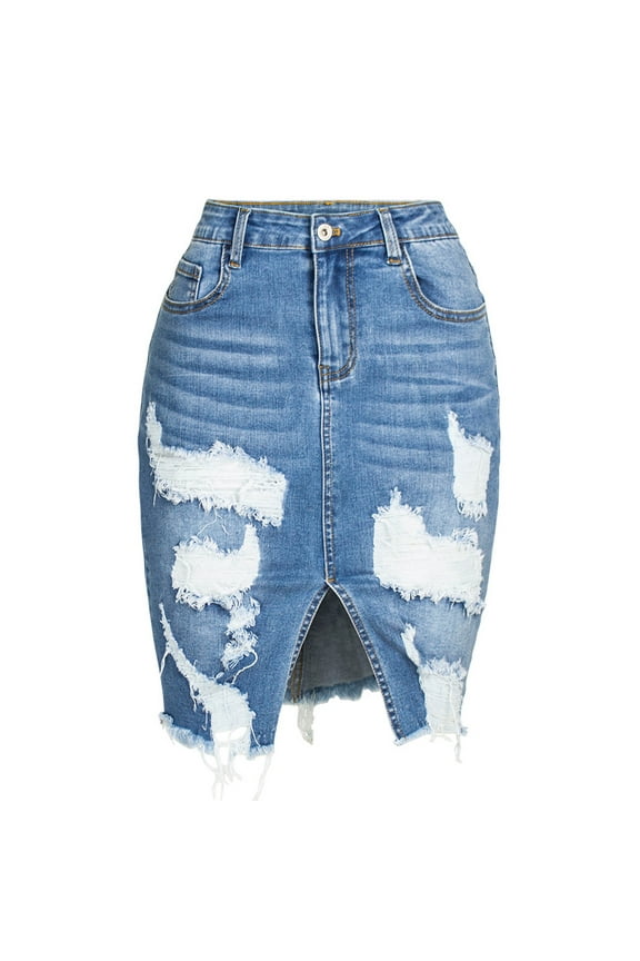 Women's Streetwear Ripped Jean Skirts Irregular Distressed Split Casual High Waist Bodycon Denim Skirt Light Blue