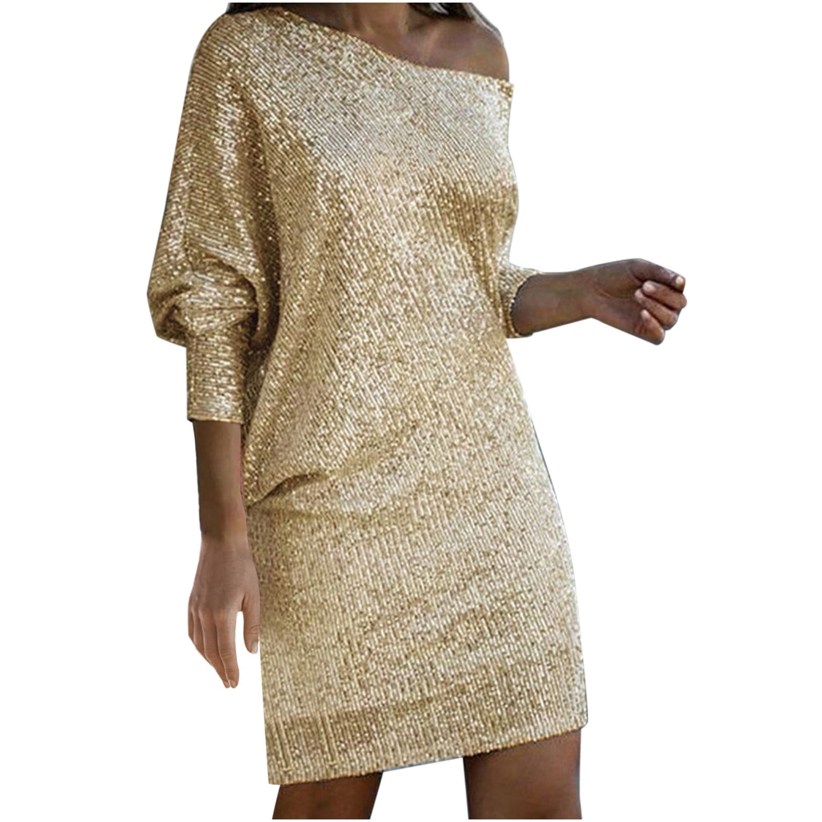 Lovskoo Women's Stretchy One Shoulder Long Sleeve Sparkly Sequin Cocktail Party Mini Dress Gold XL