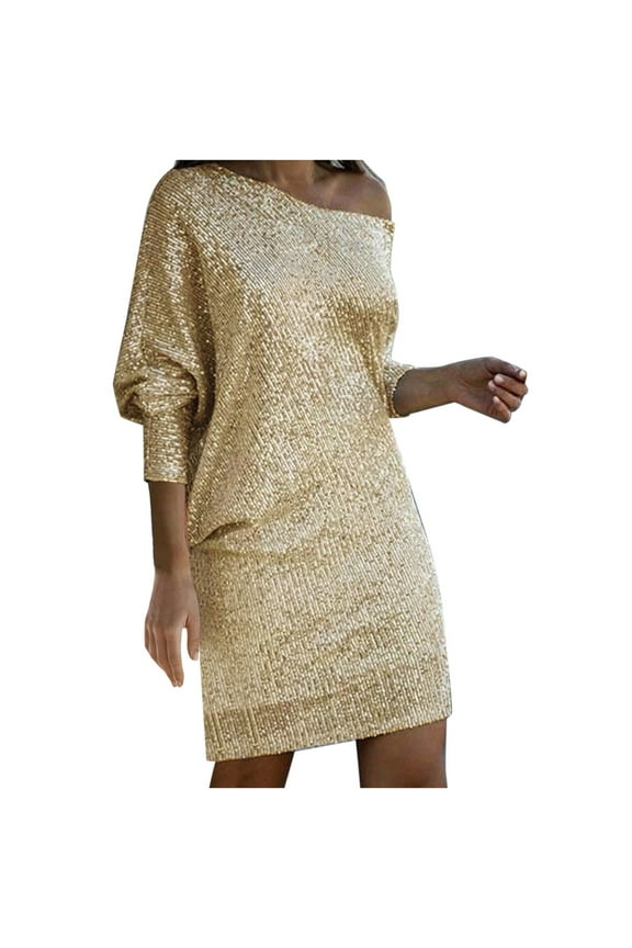 Women's Stretchy One Shoulder Long Sleeve Sparkly Sequin Cocktail Party Mini Dress Gold XL