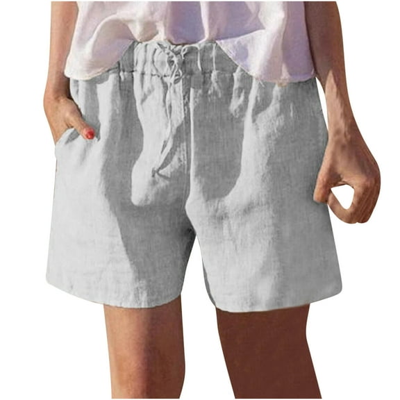 Lovskoo Women's Summer 2024 Casual Cotton Linen Shorts Drawstring Comfy Elastic Waist Shorts Pull On Short with Pockets Gray L