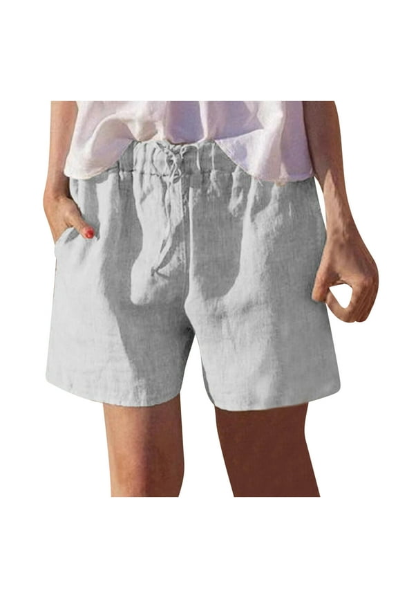 Women's Summer 2024 Casual Cotton Linen Shorts Drawstring Comfy Elastic Waist Shorts Pull On Short with Pockets Gray L
