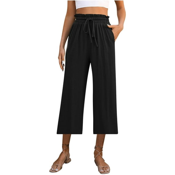 Lovskoo Women's Summer 2024 Cotton Linen Palazzo Capri Pants Solid Color Loose High Waist Wide Leg Drawstring Elastic Waist Trouser Black L