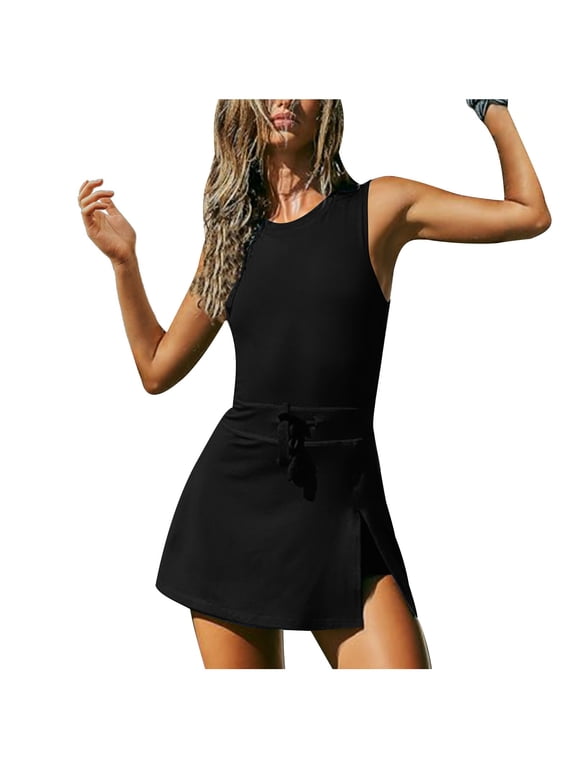 Women's Summer Workout Romper Tennis Dress Built In Shorts Onesie Open Back Jumpsuits Athletic Dresses Skort Black 2XL
