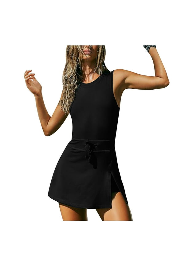Women's Summer 2024 Workout Romper Tennis Dress Built In Shorts Onesie Open Back Jumpsuits Athletic Dresses Skort Black L