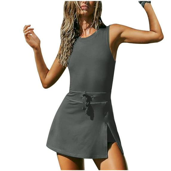 Lovskoo Women's Summer 2024 Workout Romper Tennis Dress Built In Shorts Onesie Open Back Jumpsuits Athletic Dresses Skort Gray L