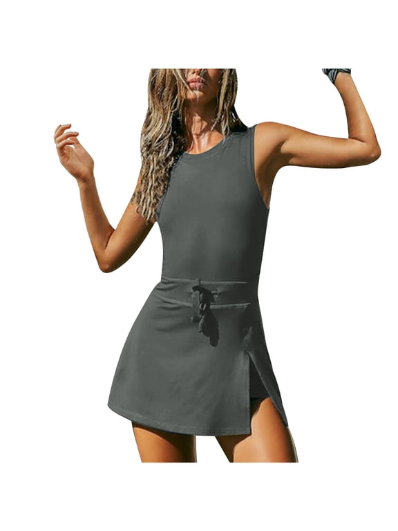 Women's Summer Workout Romper Tennis Dress Built In Shorts Onesie Open Back Jumpsuits Athletic Dresses Skort Gray L
