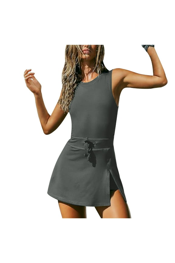 Women's Summer 2024 Workout Romper Tennis Dress Built In Shorts Onesie Open Back Jumpsuits Athletic Dresses Skort Gray S