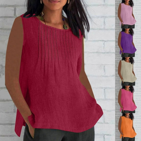 Lovskoo Women's Summer Cotton And Linen Shirts Fashion Sleeveless Round Neck Loose Blouse Orange